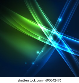 Líneas de energía, ondas brillantes en el fondo oscuro, vector abstracto. Plantilla de diseño de presentación de vocabulario o tecnología, patrón de folleto o volante, o banner web geométrico