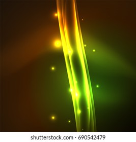 Líneas de energía, ondas brillantes en el fondo oscuro, vector abstracto. Plantilla de diseño de presentación de vocabulario o tecnología, patrón de folleto o volante, o banner web geométrico