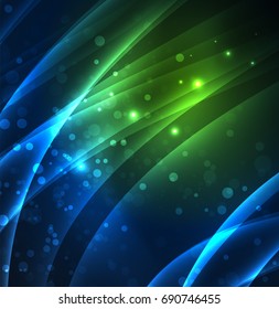 Líneas de energía, ondas brillantes en el fondo oscuro, vector abstracto. Plantilla de diseño de presentación de vocabulario o tecnología, patrón de folleto o volante, o banner web geométrico