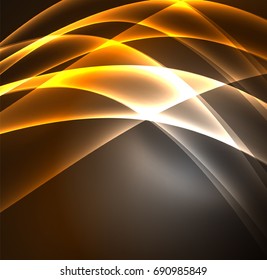 Líneas de energía, ondas brillantes en el fondo oscuro, vector abstracto. Plantilla de diseño de presentación de vocabulario o tecnología, patrón de folleto o volante, o banner web geométrico