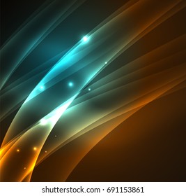 Energy lines, glowing waves in the dark, vector abstract background. Vector business or technology presentation design template, brochure or flyer pattern, or geometric web banner