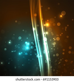 Energy lines, glowing waves in the dark, vector abstract background. Vector business or technology presentation design template, brochure or flyer pattern, or geometric web banner
