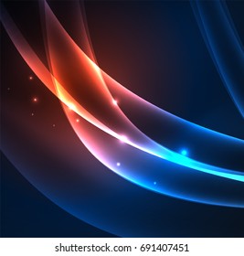 Líneas de energía, ondas brillantes en el fondo oscuro, vector abstracto. Plantilla de diseño de presentación de vocabulario o tecnología, patrón de folleto o volante, o banner web geométrico