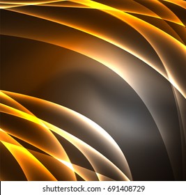 Líneas de energía, ondas brillantes en el fondo oscuro, vector abstracto. Plantilla de diseño de presentación de vocabulario o tecnología, patrón de folleto o volante, o banner web geométrico