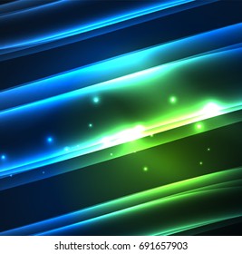 Líneas de energía, ondas brillantes en el fondo oscuro, vector abstracto. Plantilla de diseño de presentación de vocabulario o tecnología, patrón de folleto o volante, o banner web geométrico
