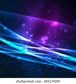 Líneas de energía, ondas brillantes en el fondo oscuro, vector abstracto. Plantilla de diseño de presentación de vocabulario o tecnología, patrón de folleto o volante, o banner web geométrico