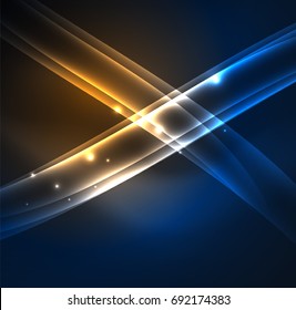 Líneas de energía, ondas brillantes en el fondo oscuro, vector abstracto. Plantilla de diseño de presentación de vocabulario o tecnología, patrón de folleto o volante, o banner web geométrico