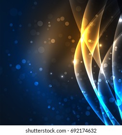 Líneas de energía, ondas brillantes en el fondo oscuro, vector abstracto. Plantilla de diseño de presentación de vocabulario o tecnología, patrón de folleto o volante, o banner web geométrico