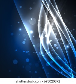Energy lines, glowing waves in the dark, vector abstract background. Vector business or technology presentation design template, brochure or flyer pattern, or geometric web banner