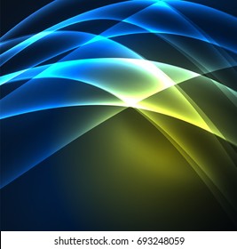 Energy lines, glowing waves in the dark, vector abstract background. Vector business or technology presentation design template, brochure or flyer pattern, or geometric web banner
