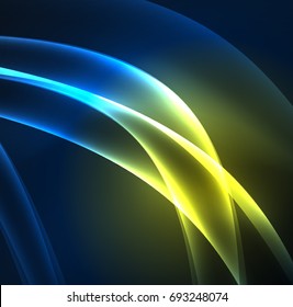 Líneas de energía, ondas brillantes en el fondo oscuro, vector abstracto. Plantilla de diseño de presentación de vocabulario o tecnología, patrón de folleto o volante, o banner web geométrico