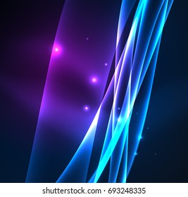 Líneas de energía, ondas brillantes en el fondo oscuro, vector abstracto. Plantilla de diseño de presentación de vocabulario o tecnología, patrón de folleto o volante, o banner web geométrico