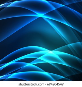 Líneas de energía, ondas brillantes en el fondo oscuro, vector abstracto. Plantilla de diseño de presentación de vocabulario o tecnología, patrón de folleto o volante, o banner web geométrico