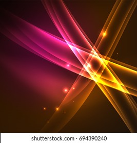 Energy lines, glowing waves in the dark, vector abstract background. Vector business or technology presentation design template, brochure or flyer pattern, or geometric web banner