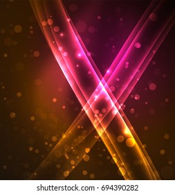 Energy lines, glowing waves in the dark, vector abstract background. Vector business or technology presentation design template, brochure or flyer pattern, or geometric web banner