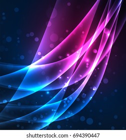 Líneas de energía, ondas brillantes en el fondo oscuro, vector abstracto. Plantilla de diseño de presentación de vocabulario o tecnología, patrón de folleto o volante, o banner web geométrico