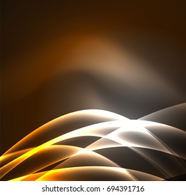 Líneas de energía, ondas brillantes en el fondo oscuro, vector abstracto. Plantilla de diseño de presentación de vocabulario o tecnología, patrón de folleto o volante, o banner web geométrico