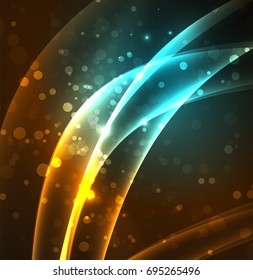 Líneas de energía, ondas brillantes en el fondo oscuro, vector abstracto. Plantilla de diseño de presentación de vocabulario o tecnología, patrón de folleto o volante, o banner web geométrico