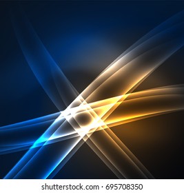 Líneas de energía, ondas brillantes en el fondo oscuro, vector abstracto. Plantilla de diseño de presentación de vocabulario o tecnología, patrón de folleto o volante, o banner web geométrico
