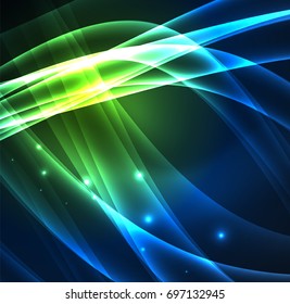 Líneas de energía, ondas brillantes en el fondo oscuro, vector abstracto. Plantilla de diseño de presentación de vocabulario o tecnología, patrón de folleto o volante, o banner web geométrico