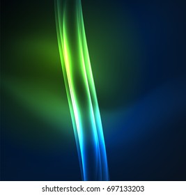Linhas de energia, ondas brilhantes no escuro, fundo abstrato vetorial. Modelo de design de apresentação de tecnologia ou negócio de vetor, brochura ou padrão de folheto, ou banner web geométrico