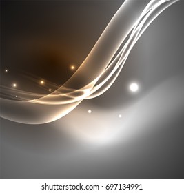 Líneas de energía, ondas brillantes en el fondo oscuro, vector abstracto. Plantilla de diseño de presentación de vocabulario o tecnología, patrón de folleto o volante, o banner web geométrico