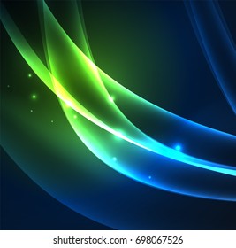 Líneas de energía, ondas brillantes en el fondo oscuro, vector abstracto. Plantilla de diseño de presentación de vocabulario o tecnología, patrón de folleto o volante, o banner web geométrico