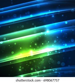Líneas de energía, ondas brillantes en el fondo oscuro, vector abstracto. Plantilla de diseño de presentación de vocabulario o tecnología, patrón de folleto o volante, o banner web geométrico