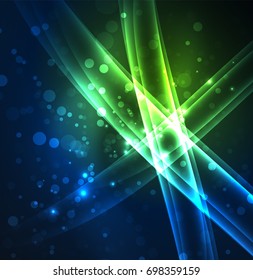 Energy lines, glowing waves in the dark, vector abstract background. Vector business or technology presentation design template, brochure or flyer pattern, or geometric web banner