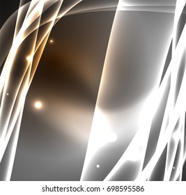 Líneas de energía, ondas brillantes en el fondo oscuro, vector abstracto. Plantilla de diseño de presentación de vocabulario o tecnología, patrón de folleto o volante, o banner web geométrico