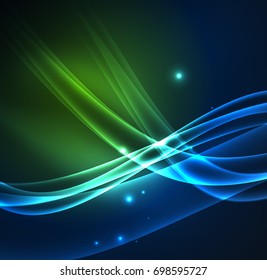 Líneas de energía, ondas brillantes en el fondo oscuro, vector abstracto. Plantilla de diseño de presentación de vocabulario o tecnología, patrón de folleto o volante, o banner web geométrico
