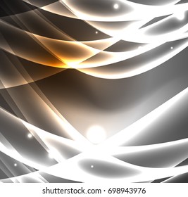 Líneas de energía, ondas brillantes en el fondo oscuro, vector abstracto. Plantilla de diseño de presentación de vocabulario o tecnología, patrón de folleto o volante, o banner web geométrico