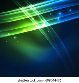 Líneas de energía, ondas brillantes en el fondo oscuro, vector abstracto. Plantilla de diseño de presentación de vocabulario o tecnología, patrón de folleto o volante, o banner web geométrico