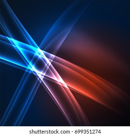 Líneas de energía, ondas brillantes en el fondo oscuro, vector abstracto. Plantilla de diseño de presentación de vocabulario o tecnología, patrón de folleto o volante, o banner web geométrico