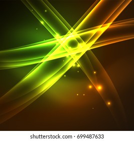 Energy lines, glowing waves in the dark, vector abstract background. Vector business or technology presentation design template, brochure or flyer pattern, or geometric web banner