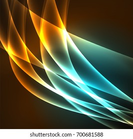 Energy lines, glowing waves in the dark, vector abstract background. Vector business or technology presentation design template, brochure or flyer pattern, or geometric web banner