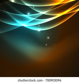 Energy lines, glowing waves in the dark, vector abstract background. Vector business or technology presentation design template, brochure or flyer pattern, or geometric web banner