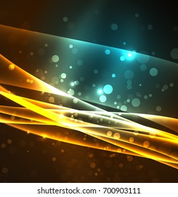 Energy lines, glowing waves in the dark, vector abstract background. Vector business or technology presentation design template, brochure or flyer pattern, or geometric web banner