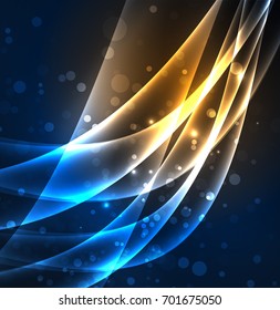 Líneas de energía, ondas brillantes en el fondo oscuro, vector abstracto. Plantilla de diseño de presentación de vocabulario o tecnología, patrón de folleto o volante, o banner web geométrico