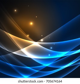 Energy lines, glowing waves in the dark, vector abstract background. Vector business or technology presentation design template, brochure or flyer pattern, or geometric web banner