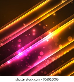 Líneas de energía, ondas brillantes en el fondo oscuro, vector abstracto. Plantilla de diseño de presentación de vocabulario o tecnología, patrón de folleto o volante, o banner web geométrico