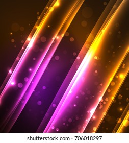 Líneas de energía, ondas brillantes en el fondo oscuro, vector abstracto. Plantilla de diseño de presentación de vocabulario o tecnología, patrón de folleto o volante, o banner web geométrico