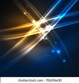 Energy lines, glowing waves in the dark, vector abstract background. Vector business or technology presentation design template, brochure or flyer pattern, or geometric web banner