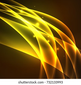 Líneas de energía, ondas brillantes en el fondo oscuro, vector abstracto. Plantilla de diseño de presentación de vocabulario o tecnología, patrón de folleto o volante, o banner web geométrico