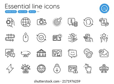 Energy, Loan percent and Online voting line icons. Collection of Carousels, Covid app, Stars icons. Time management, Photo camera, Sharing economy web elements. 360 degrees, Education. Vector