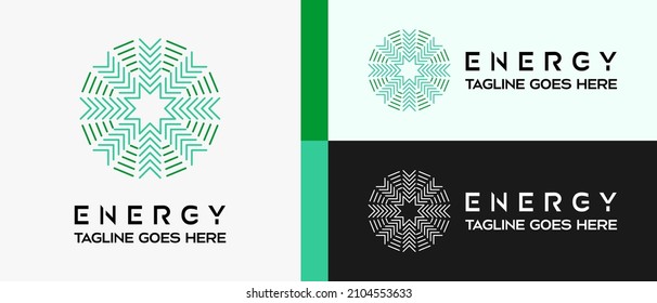energy logo design template with circle and arrow elements in line art concept. premium vector