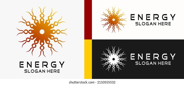 plantilla de diseño de logotipo de energía con concepto creativo abstracto en rayos solares o elementos de arte giratorio de forma luminosa parpadeante. ilustración de logotipo de vector premium