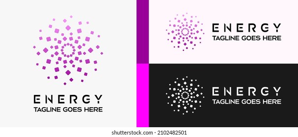 energy logo design template with floral or sunshine shape rotating box element, premium vector