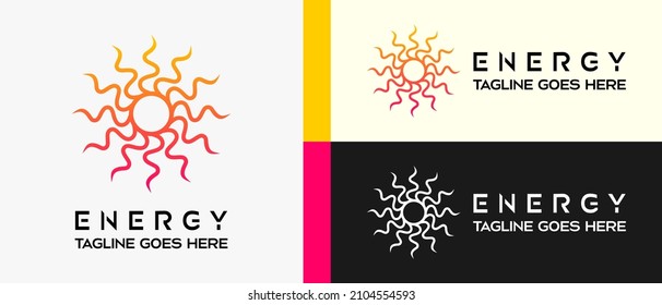 energy logo design template with solar light wave element in line art concept. premium vector