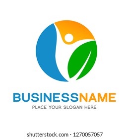 Energy logo template. People, leave and sun vector design. Renewable energy illustration.